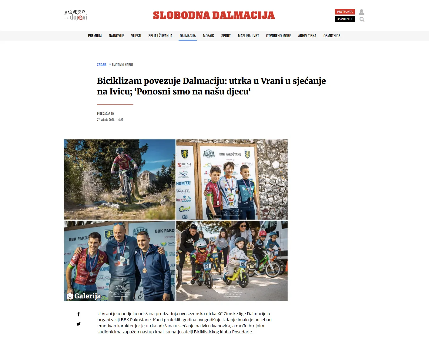 Biciklizam povezuje Dalmaciju: utrka u Vrani u sjećanje na Ivicu; ‘Ponosni smo na našu djecu‘